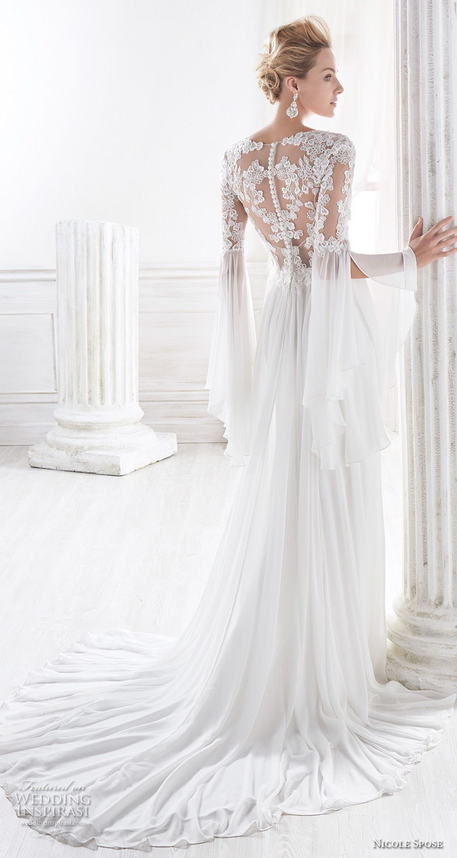 nicole spose 2018 bridal long lantern sleeves scoop neckline heavily embellished bodice grecian elegant soft a   line wedding dress lace back chapel train (4) bv