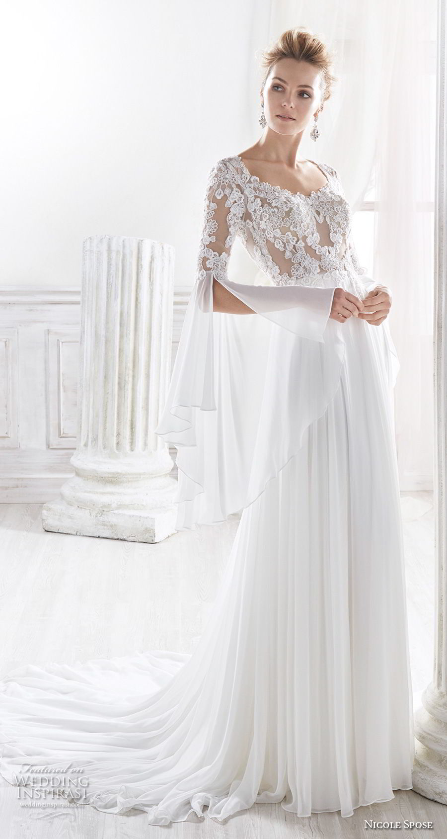 nicole spose 2018 bridal long lantern sleeves scoop neckline heavily embellished bodice grecian elegant soft a   line wedding dress lace back chapel train (4) mv