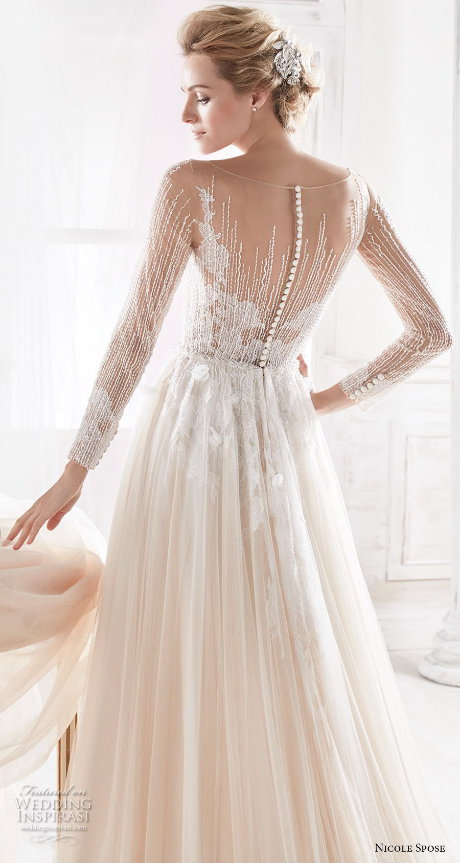 nicole spose 2018 bridal long sleeves sheer bateau sweetheart neckline heavily embellished bodice blush soft a  line wedding dress sheer button back chapel train (6) bv