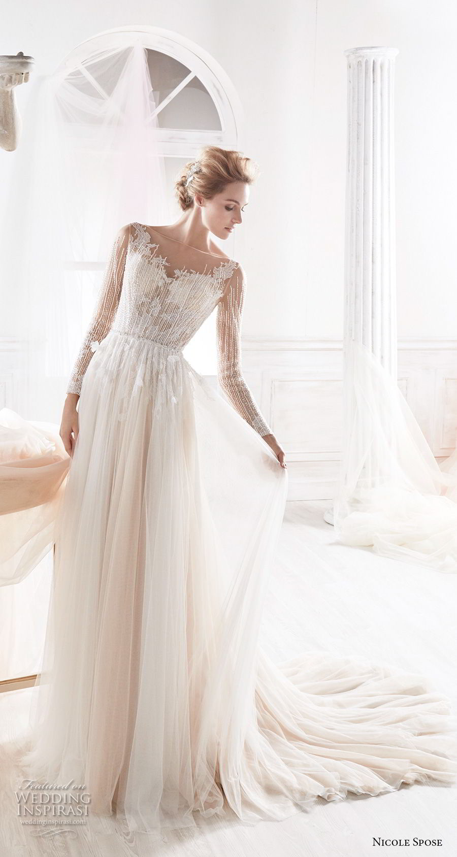 nicole spose 2018 bridal long sleeves sheer bateau sweetheart neckline heavily embellished bodice blush soft a  line wedding dress sheer button back chapel train (6) mv