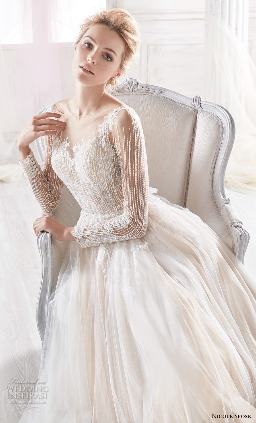 nicole spose 2018 bridal long sleeves sheer bateau sweetheart neckline heavily embellished bodice blush soft a  line wedding dress sheer button back chapel train (6) zv