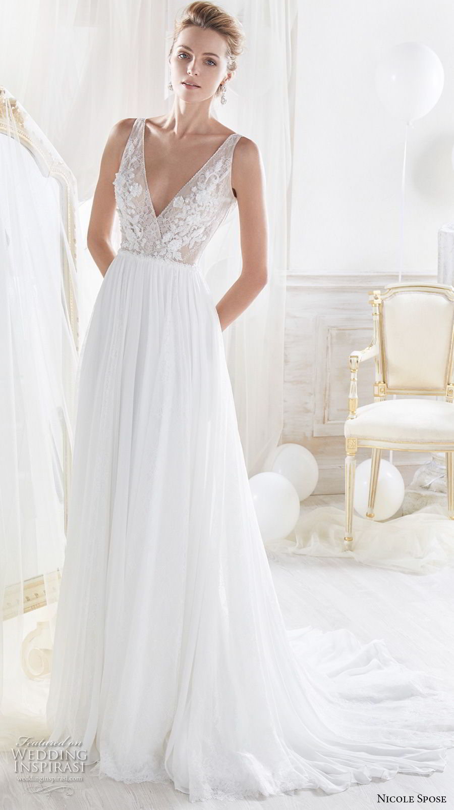 nicole spose 2018 bridal sleeveless deep v neck heavily embelliished bodice romantic soft a  line wedding dress open v back chapel train (10) mv