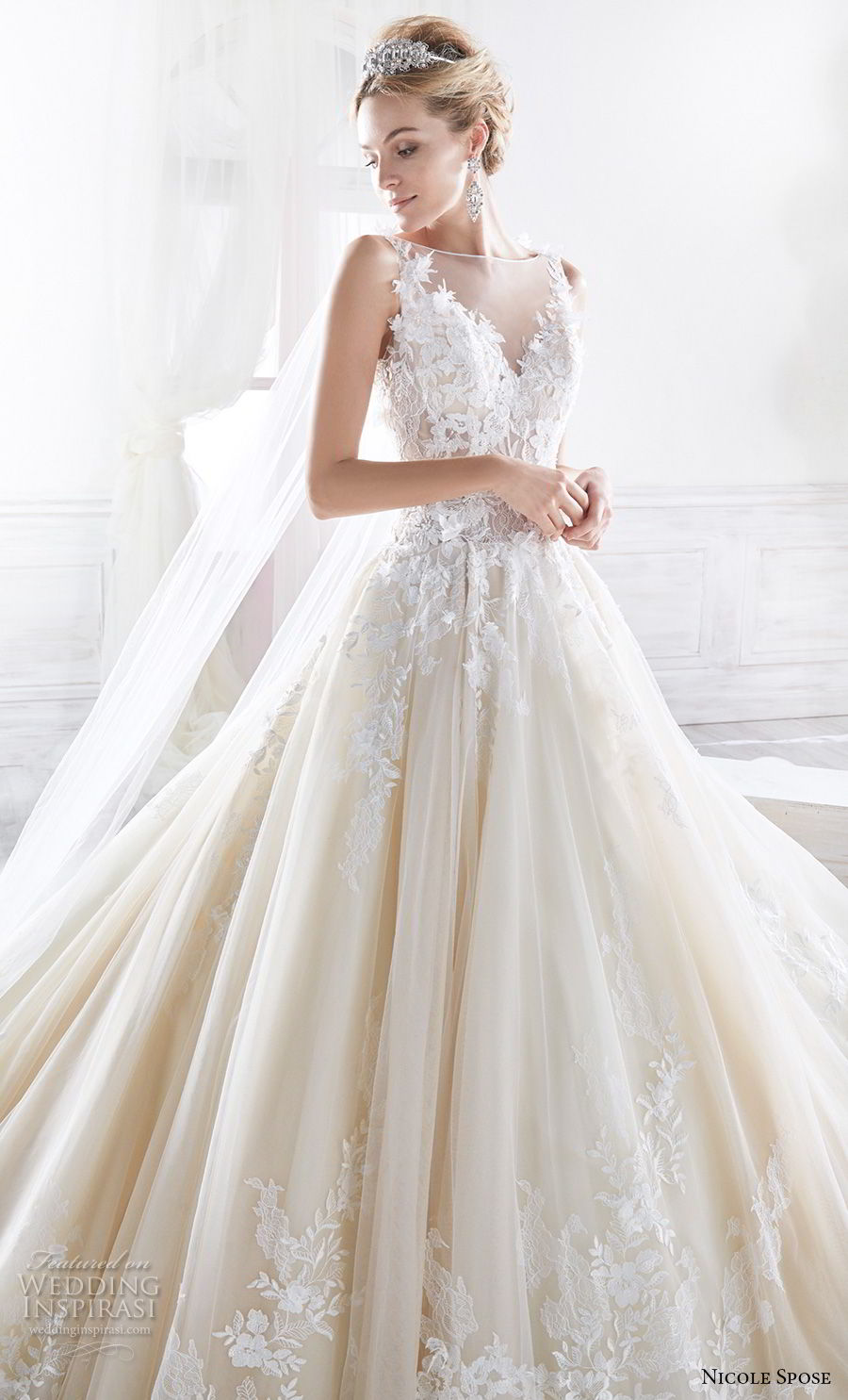 nicole spose 2018 bridal sleeveless illusion bateau v neck heavily embellished bodice princess champagne a  line wedding dress sheer button back royal train (5) zv