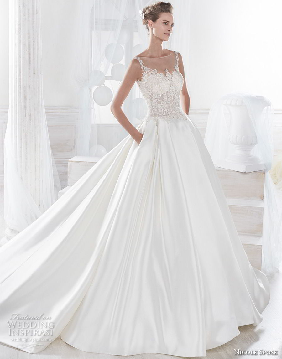 nicole spose 2018 bridal sleeveless sheer bateau sweetheart neckline heavily embellished bodice satin skirt a  line wedding dress with pockets chapel train (19) mv