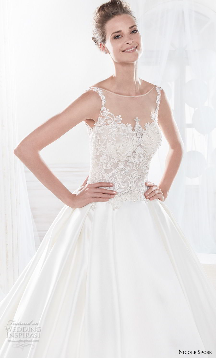 nicole spose 2018 bridal sleeveless sheer bateau sweetheart neckline heavily embellished bodice satin skirt a  line wedding dress with pockets chapel train (19) zv