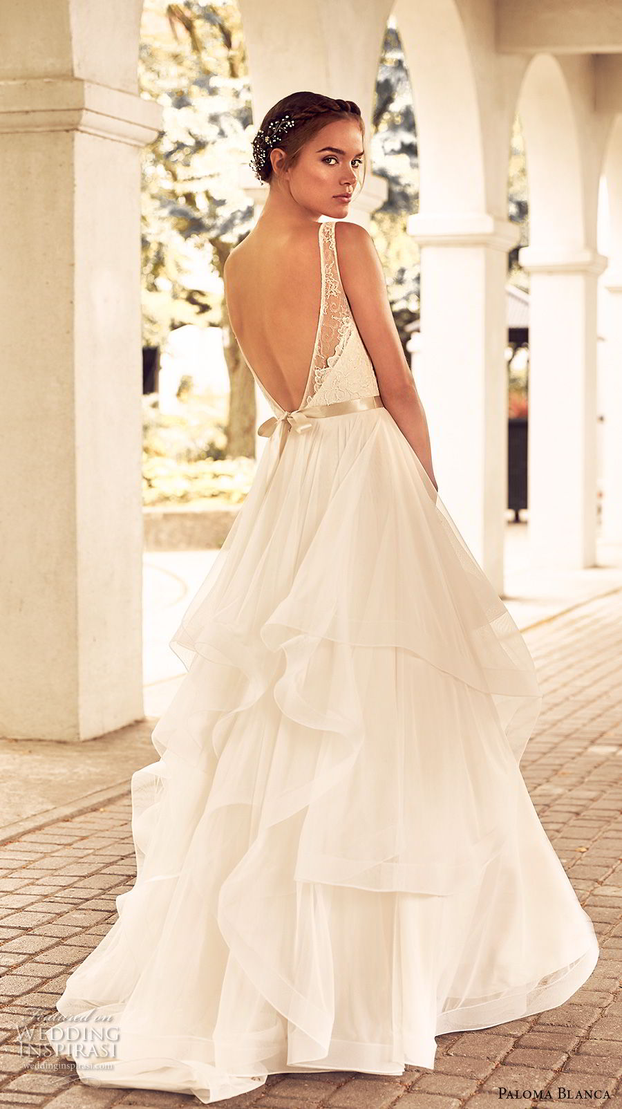 paloma blanca spring 2018 bridal sleeveless illusion bateau sweetheart neckline heavily embellished bodice layered skirt romantic a line wedding dress open v back short train (12) bv paloma blanca spring 2018 bridal sleeveless illusion bateau sweetheart neckline heavily embellished bodice layered skirt romantic a line wedding dress open v back short train (12) bv
