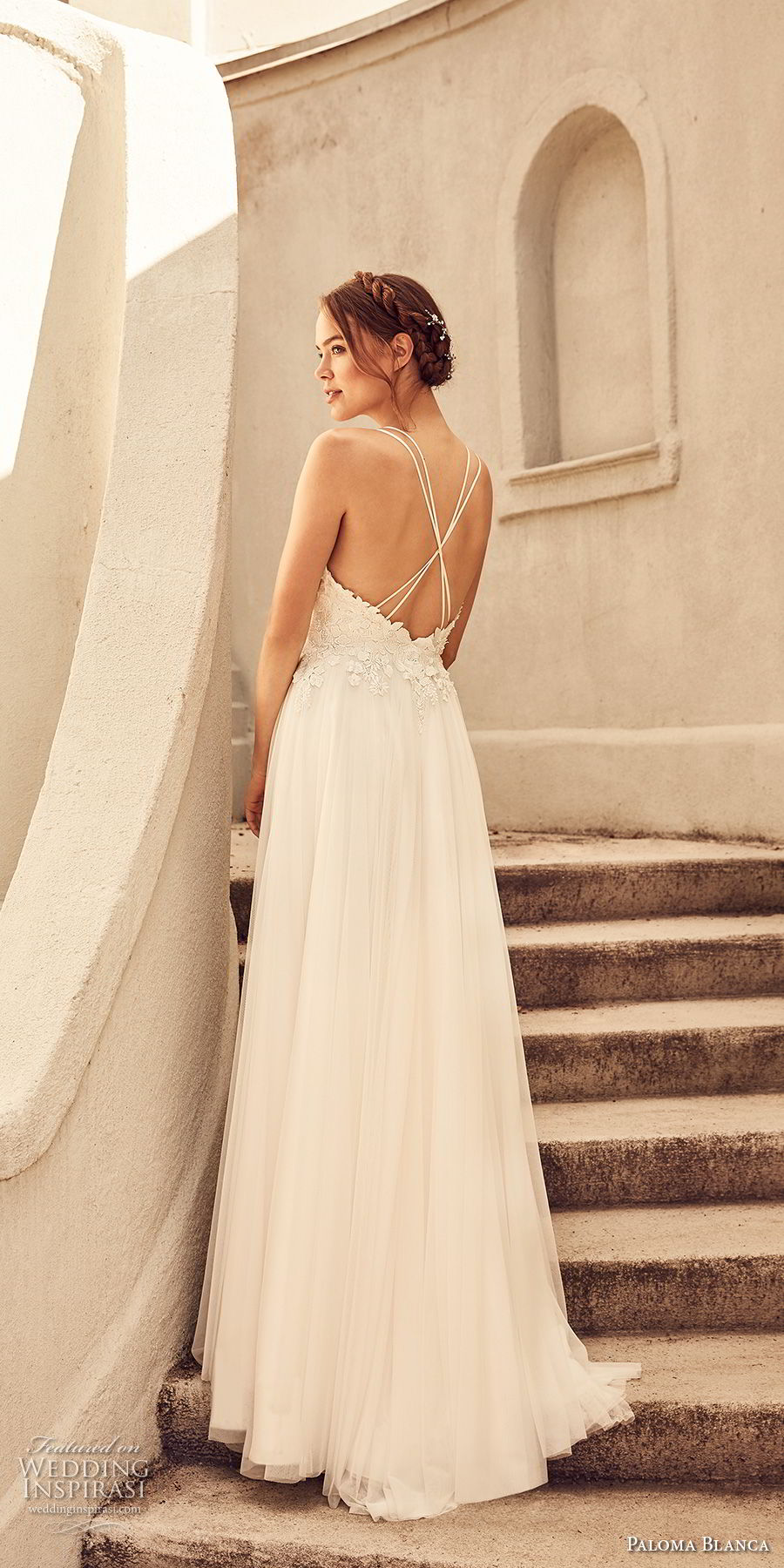 paloma blanca spring 2018 bridal sleeveless v neck heavily embellished bodice romantic soft a  line wedding dress cross strap back sweep train (6) bv