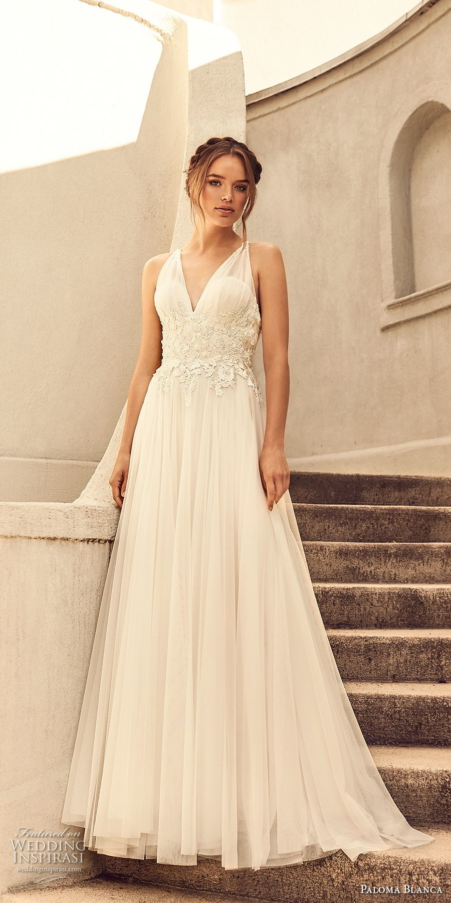 paloma blanca spring 2018 bridal sleeveless v neck heavily embellished bodice romantic soft a  line wedding dress cross strap back sweep train (6) mv