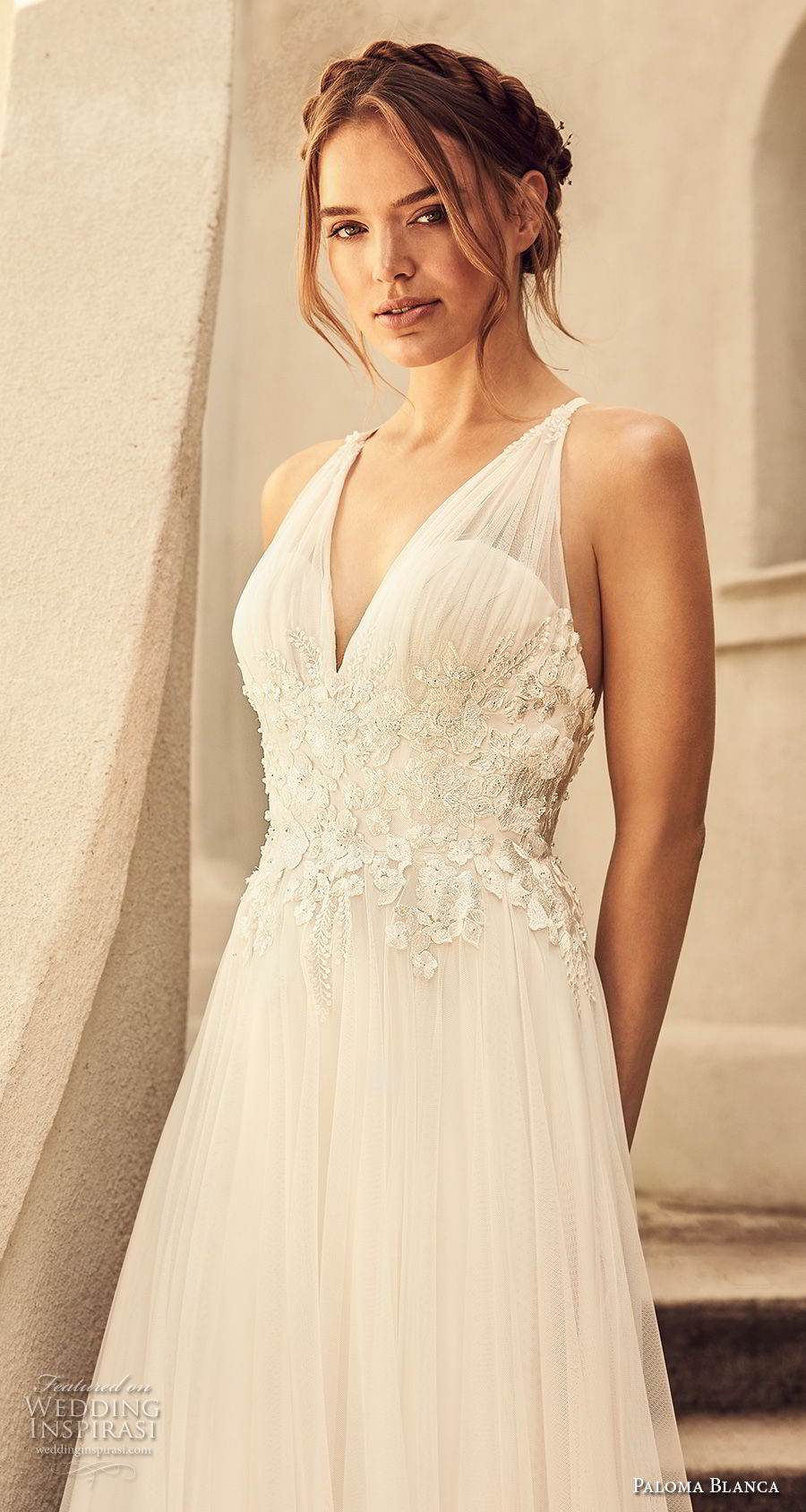 paloma blanca spring 2018 bridal sleeveless v neck heavily embellished bodice romantic soft a line wedding dress cross strap back sweep train (6) zv paloma blanca spring 2018 bridal sleeveless v neck heavily embellished bodice romantic soft a line wedding dress cross strap back sweep train (6) zv