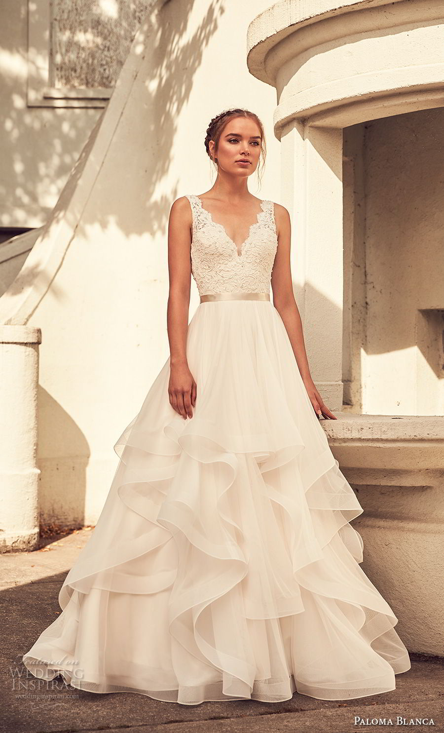 paloma blanca spring 2018 bridal sleeveless with strap scallop v neck heavily embellished bodice layered skirt romantic a  line wedding dress v back sweep train (7) mv