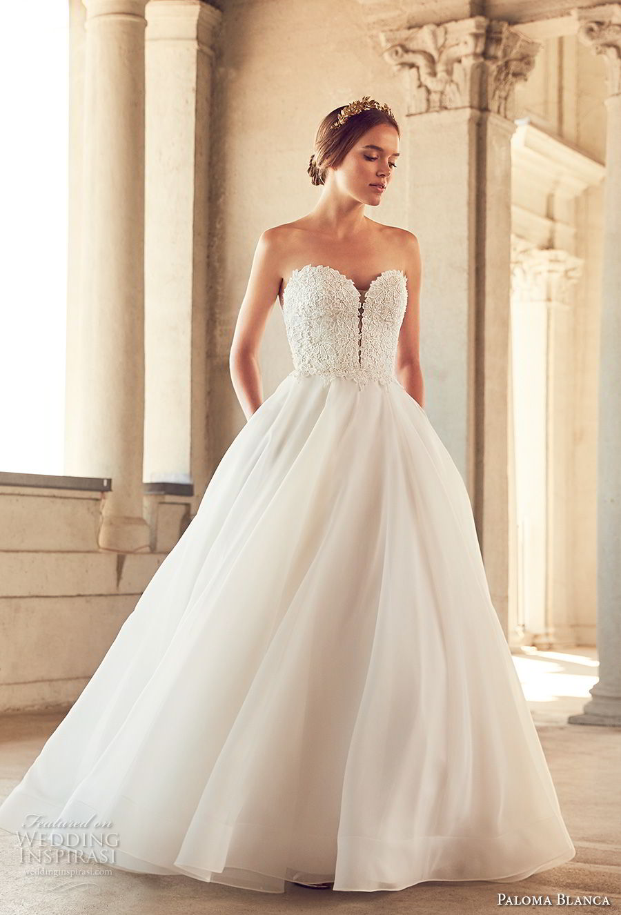 paloma blanca spring 2018 bridal strapless sweetheart neckline heavily embellished bodice romantic a line wedding dress with pockets chapel train (1) fv mv paloma blanca spring 2018 bridal strapless sweetheart neckline heavily embellished bodice romantic a line wedding dress with pockets chapel train (1) fv mv