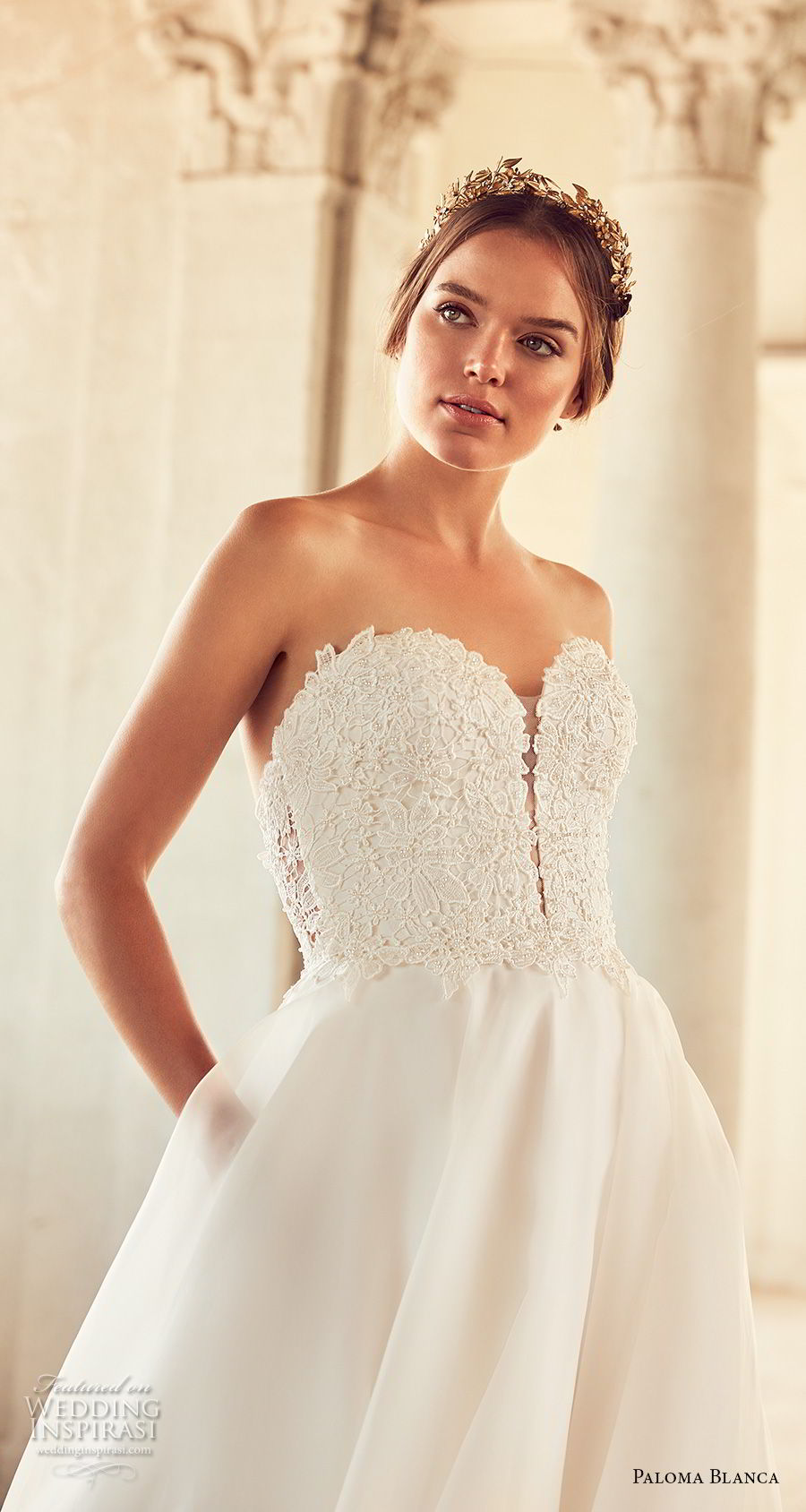 paloma blanca spring 2018 bridal strapless sweetheart neckline heavily embellished bodice romantic a  line wedding dress with pockets chapel train (1)  zv