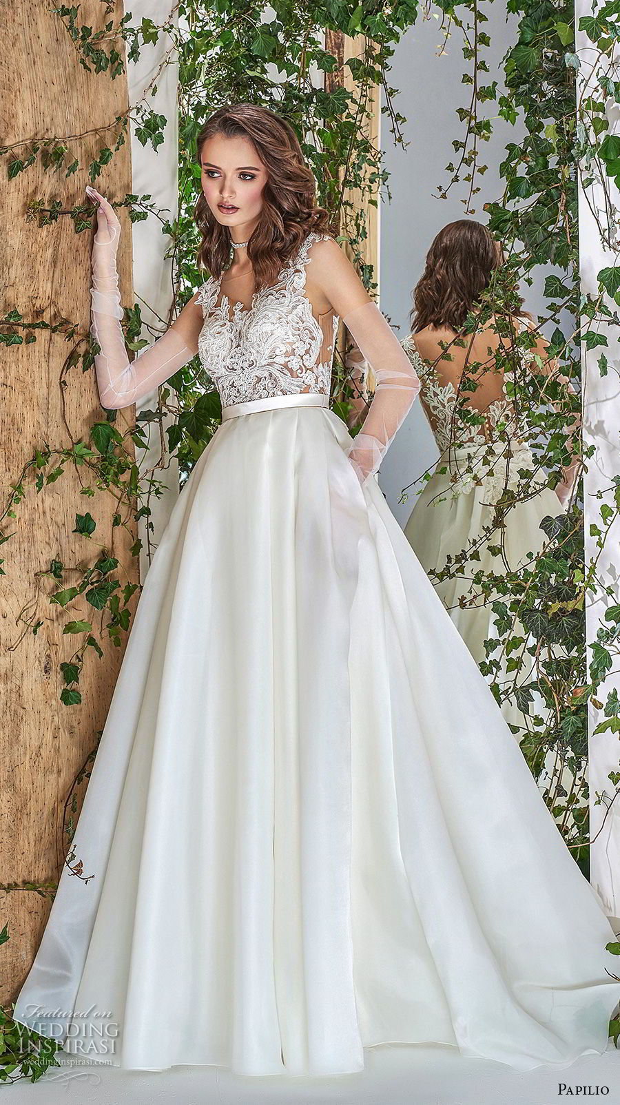 papilio 2018 bridal long sheer sleeves sheer bateau sweetheart neckline heavily embellished bodice romantic a  line wedding dress with pockets scoop back sweep train (4) mv