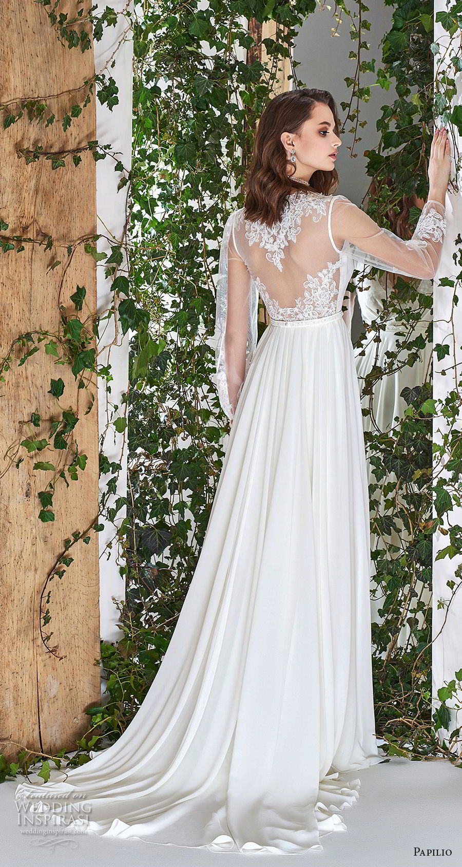 papilio 2018 bridal long sleeves deep v neck wrap over bodice grecian soft a  line wedding dress sheer lace back short train (12) bv