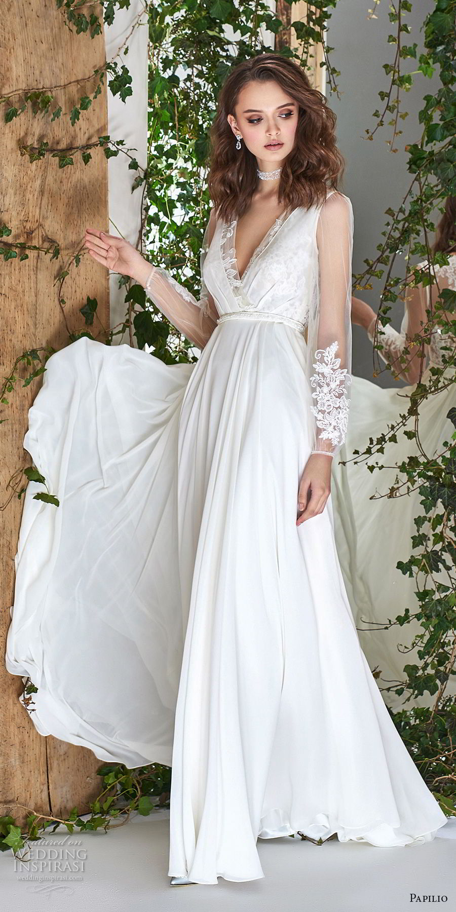 papilio 2018 bridal long sleeves deep v neck wrap over bodice grecian soft a  line wedding dress sheer lace back short train (12) mv