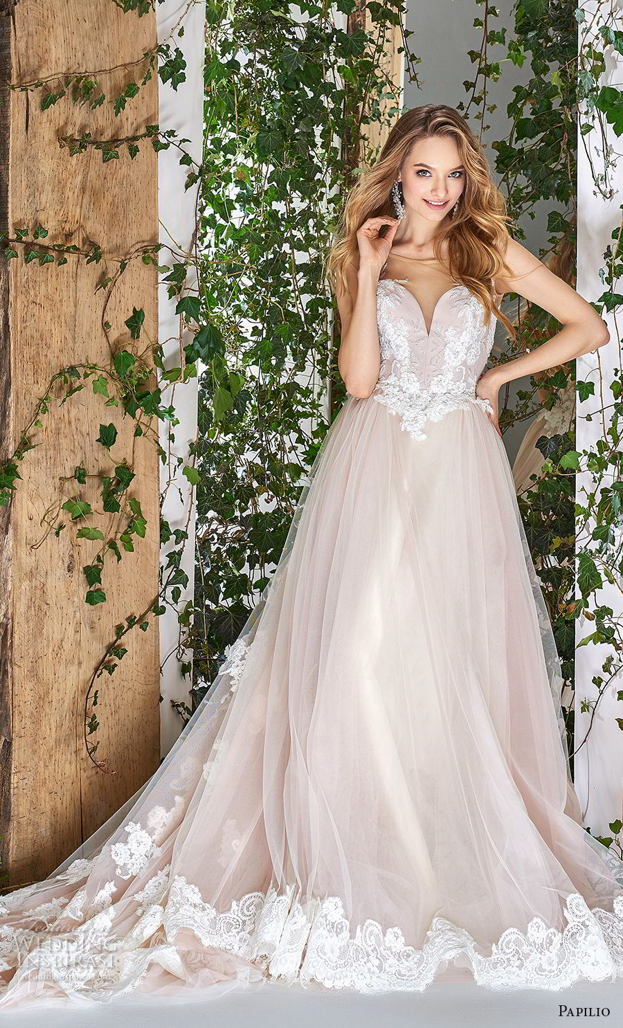 papilio 2018 bridal sleeveless sheer bateau deep sweetheart neckline heavily embellished bodice hem blush a  line wedding dress sheer button chapel train (14) mv