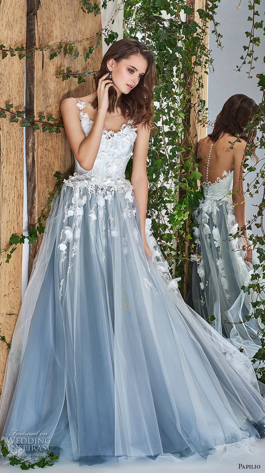 papilio 2018 bridal sleeveless sheer bateau sccoop neck heavily embellished bodice romantic blue a  line wedding dress sheer button back chapel train (5) mv