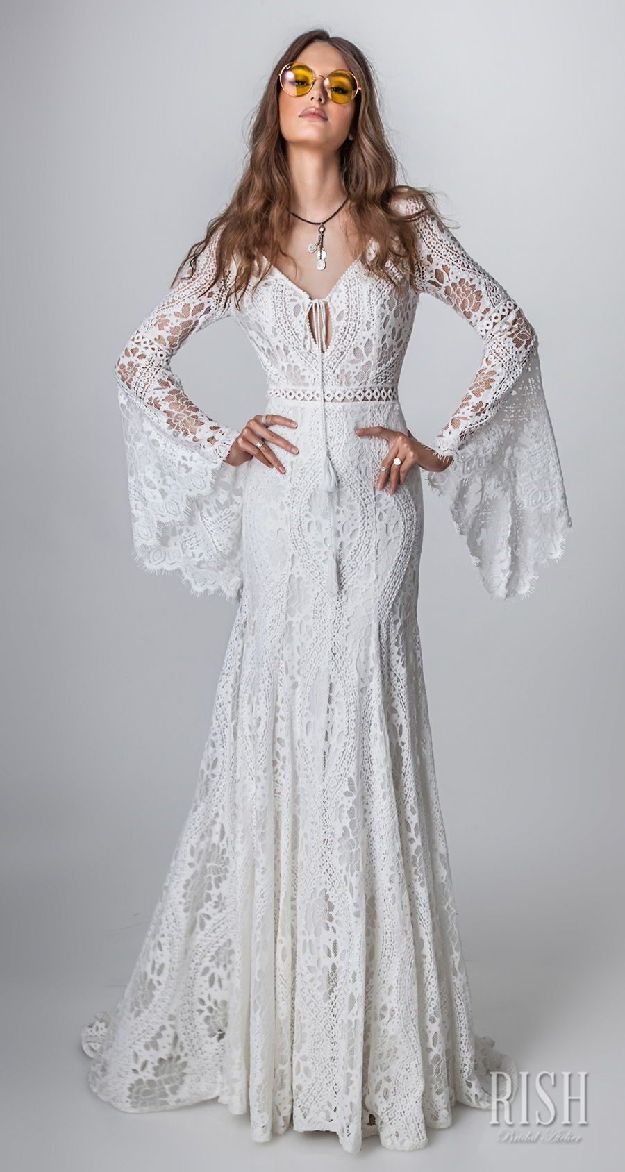 rish bridal sun dance 2018 long bell sleeves v neck full embellishment bohemian modified a  line wedding dress open v back short train (alma) mv 