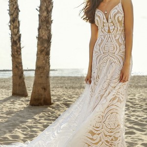 rish bridal sun dance 2018 sleeveless spaghetti strap deep sweetheart neckline full embellishment bohemian glamorous sheath fit and flare wedding dress v back chapel train (victoria) mv