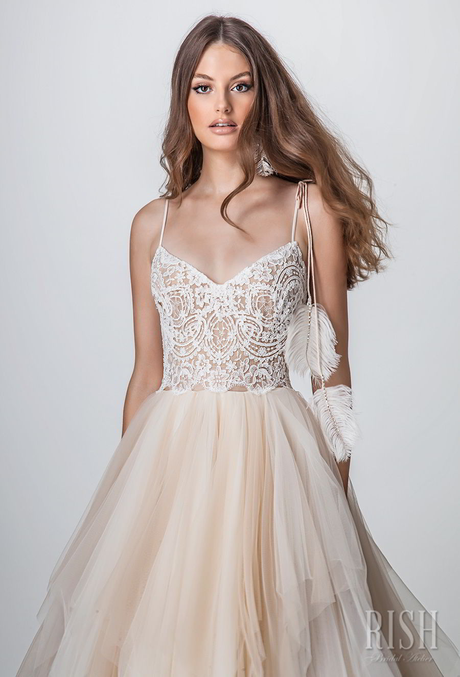 rish bridal sun dance 2018 sleeveless spaghetti strap diamond neck heavily embellished bodice bodice layered skirt romantic ivory a  line wedding dress v back sweep train (scarlette) zv