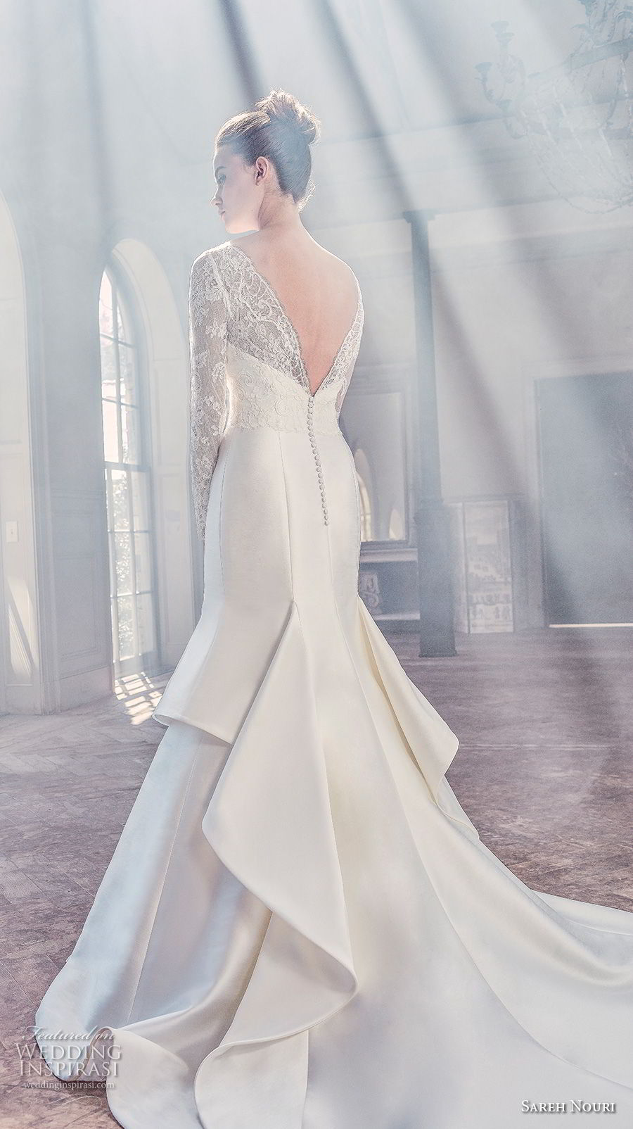 sareh nouri spring 2019 bridal long sleeves illusion bateau semi sweetheart neckline heavily embellised bodice mermaid wedding dress v back chapel train (6) bv