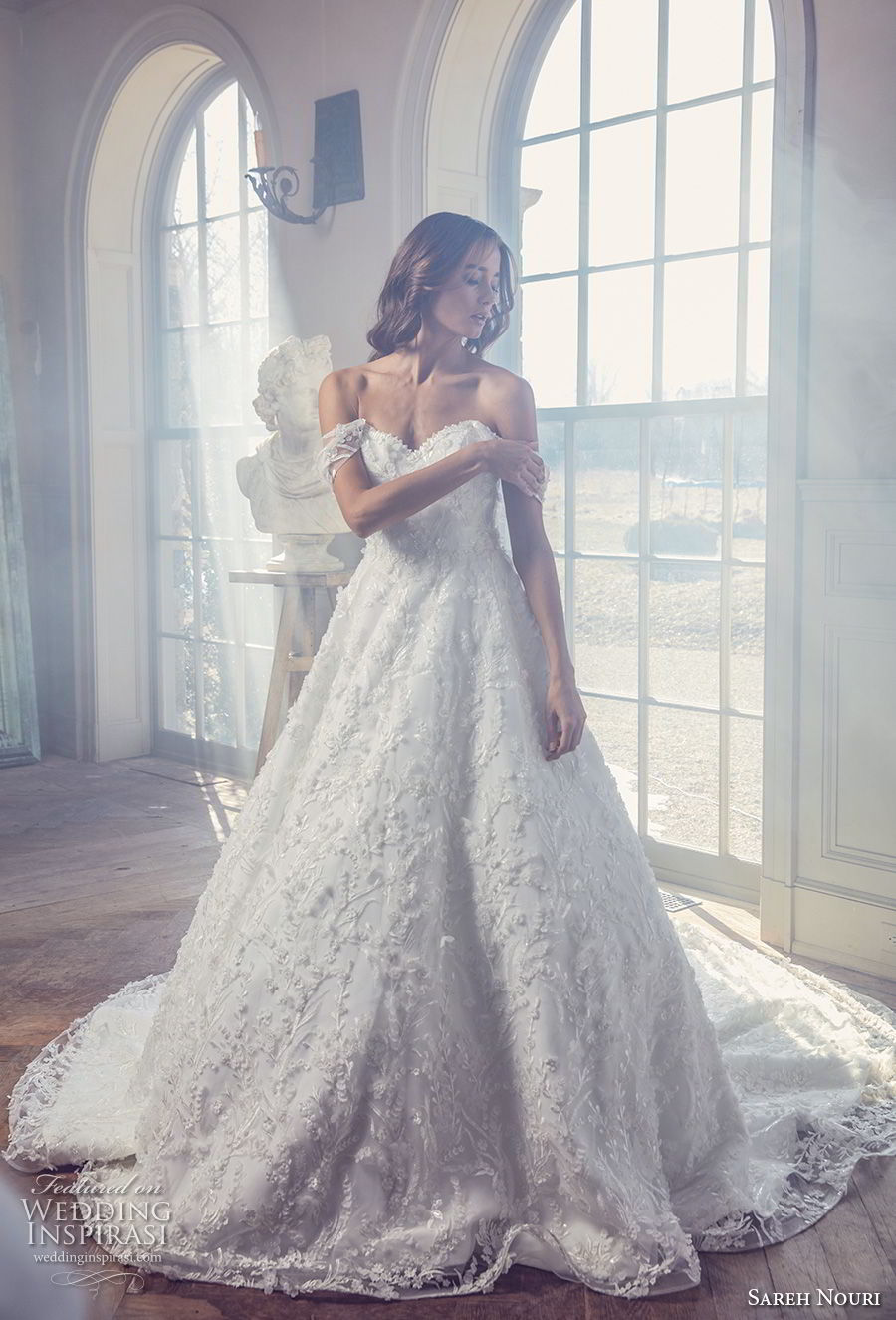 sareh nouri spring 2019 bridal offf the shoulder sweetheart neckline full embellishment romantic a  line wedding dress chapel train (1) mv fv