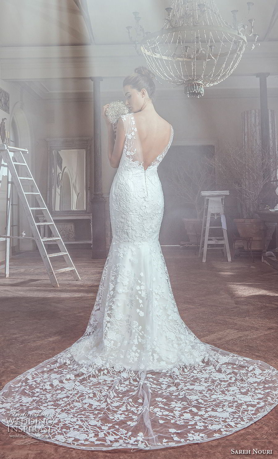 sareh nouri spring 2019 bridal sleeveless thick sheer strap sweetheart neckline full embellishment elegant mermaid wedding dress open v back chapel train (3) bv