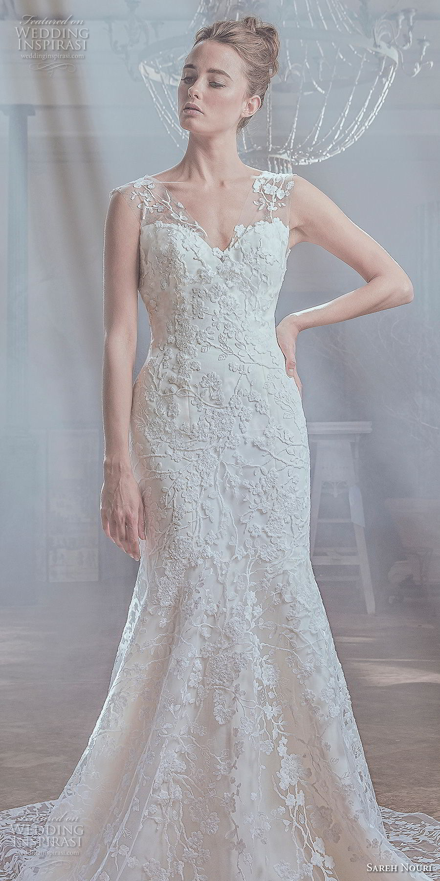 sareh nouri spring 2019 bridal sleeveless thick sheer strap sweetheart neckline full embellishment elegant mermaid wedding dress open v back chapel train (3) lv