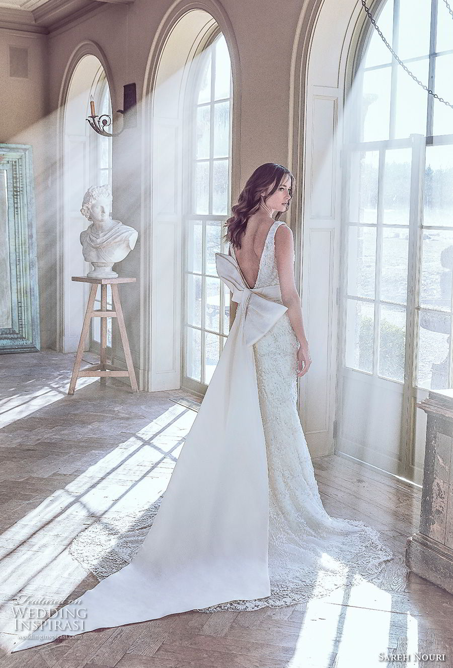 sareh nouri spring 2019 bridal sleeveless with strap deep v neck full embellishment elegant romantic fit and flare wedding dress v back ribbon chapel train (11) bv