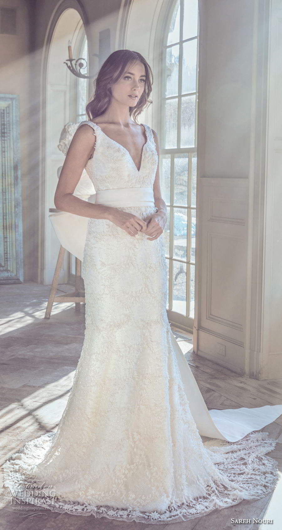 sareh nouri spring 2019 bridal sleeveless with strap deep v neck full embellishment elegant romantic fit and flare wedding dress v back ribbon chapel train (11) mv