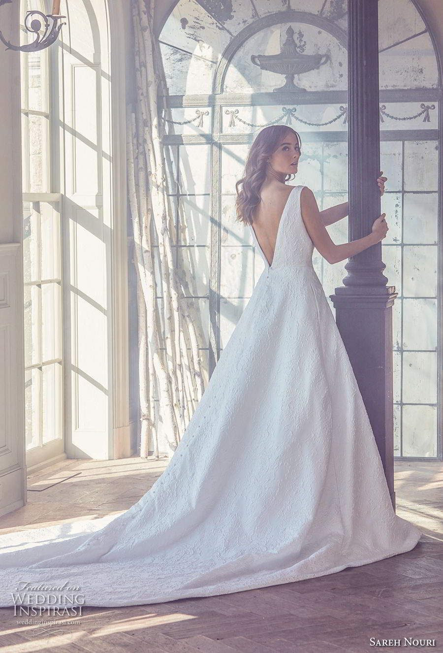 sareh nouri spring 2019 bridal sleevelss v neck light embellishment elegant romantic a  line wedding dress open v back chapel train (2) bv