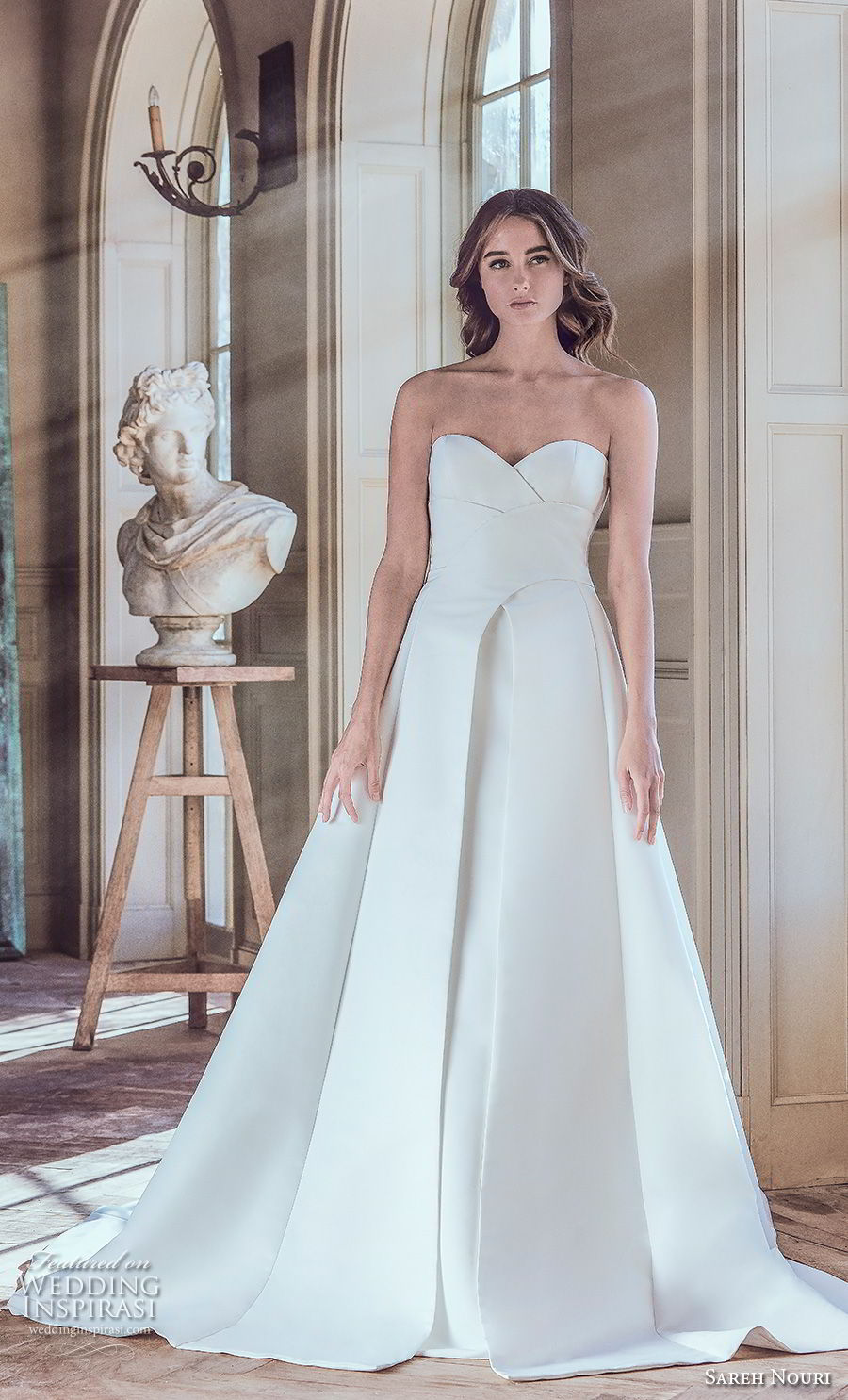 sareh nouri spring 2019 bridal strapless sweetheart neckline simple clean elegant modern a  line wedding dress chapel train (7) mv