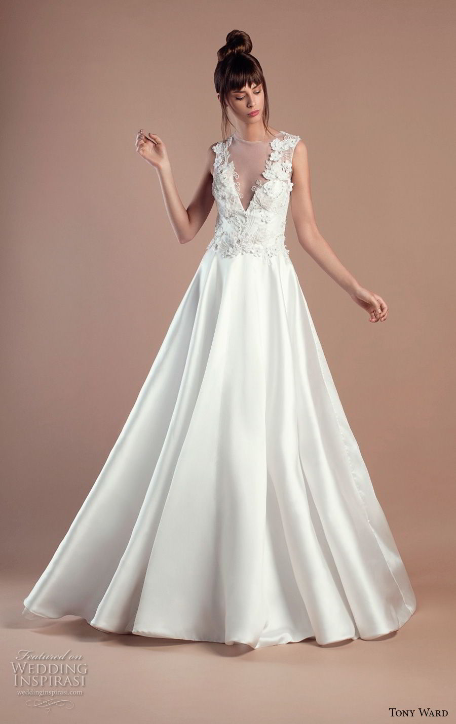tony ward 2018 bridal sleeveless illusion jewel deep v neck heavily embellished bodice satin skirt romantic a  line wedding dress (20) mv