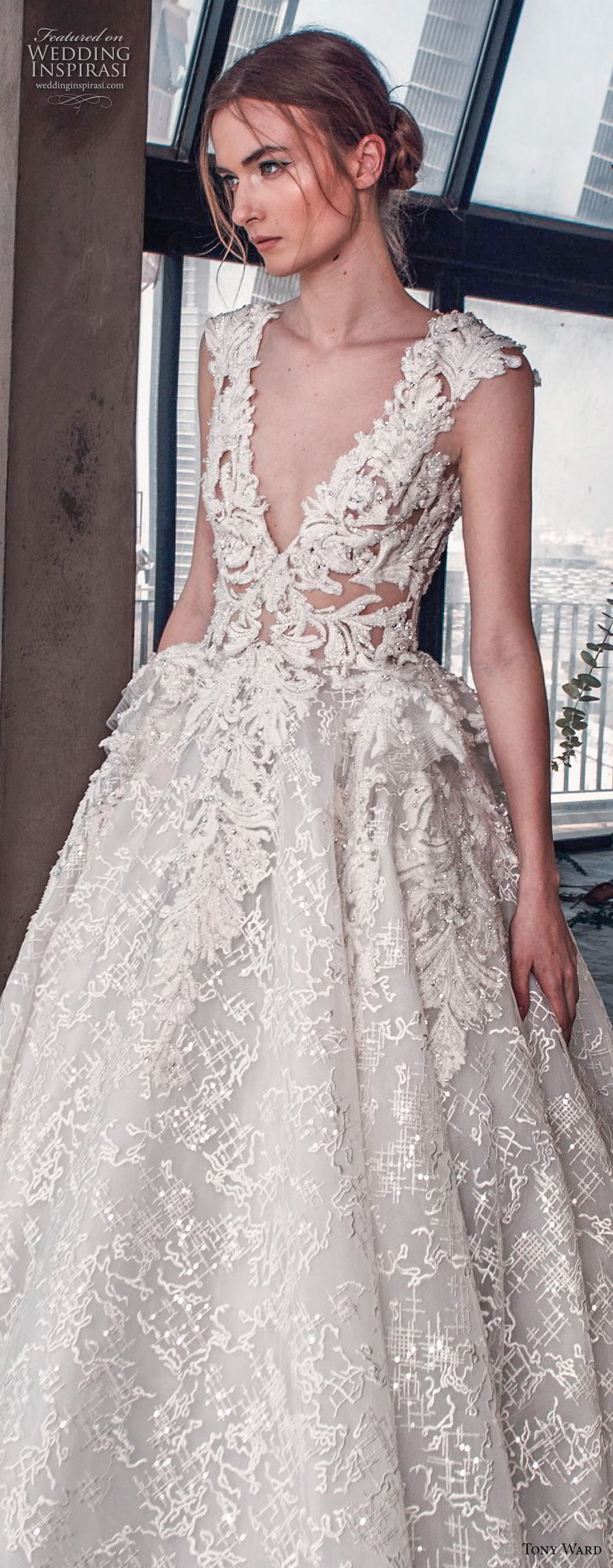 tony ward mariee 2019 cap sleeves deep v neck full embellishment romantic princess ball gown a  line wedding dress royal train (5) zv