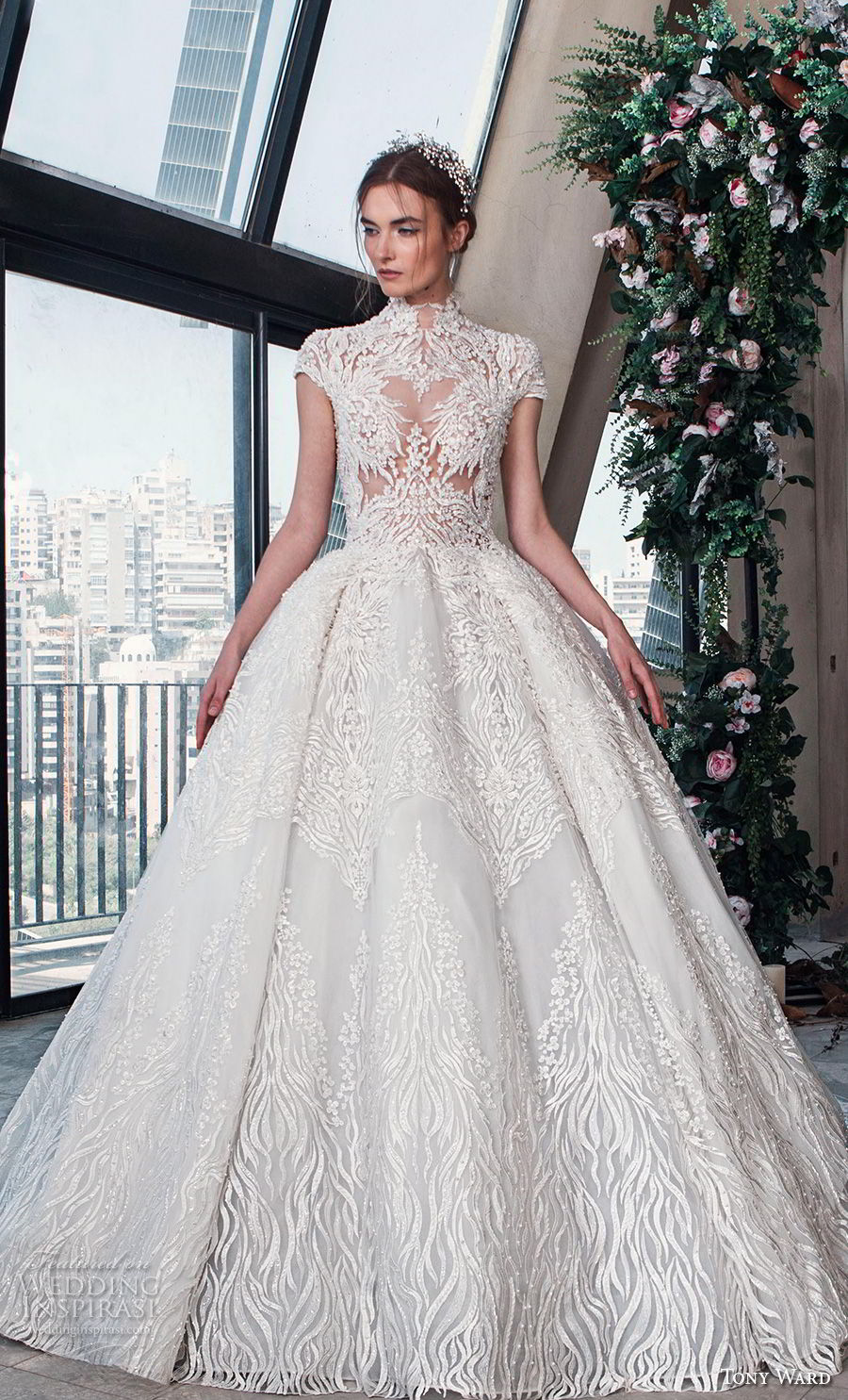 tony ward mariee 2019 cap sleeves high neck full embellishment romantic princess ball gown a  line wedding dress chapel train (10) mv