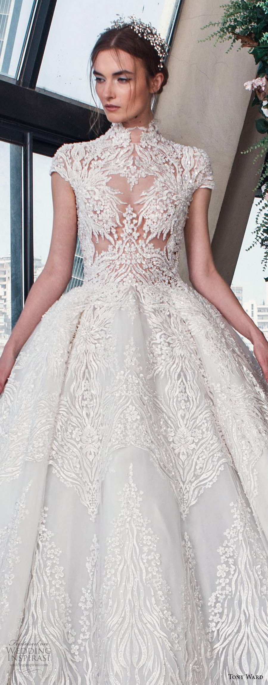 tony ward mariee 2019 cap sleeves high neck full embellishment romantic princess ball gown a  line wedding dress chapel train (10) zv