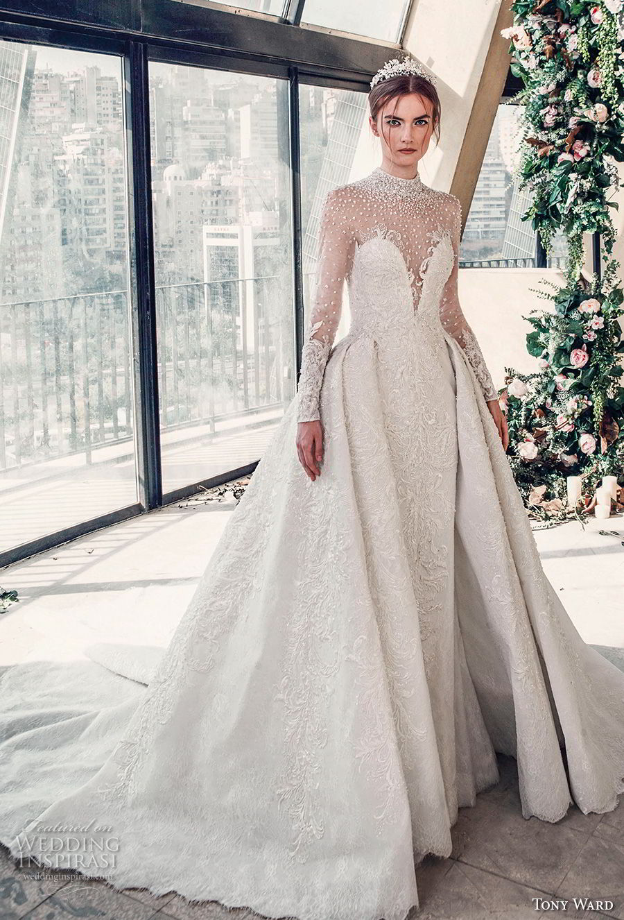 tony ward mariee 2019 long sleeves illusion high neck deep sweetheart neckline full embellishment princess ball gown a  line wedding dress chapel train (3) mv