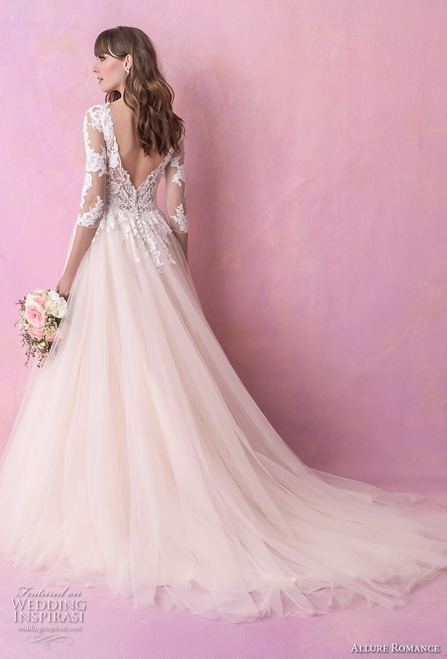 allure romance fall 2018 bridal long sleeves v back heavily embellished bodice romantic blush a  line wedding dress open v back chapel train (5) bv