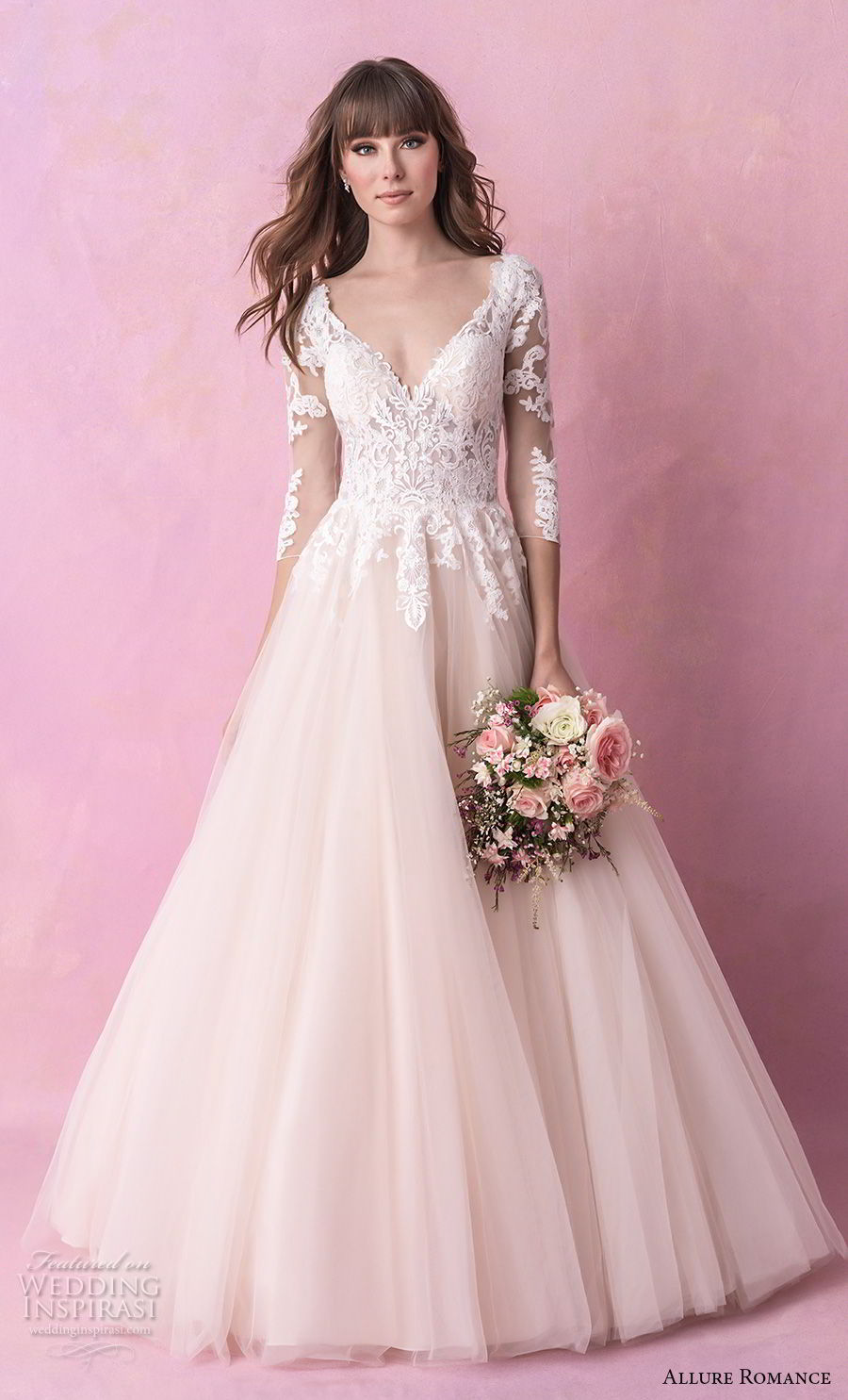 allure romance fall 2018 bridal long sleeves v back heavily embellished bodice romantic blush a  line wedding dress open v back chapel train (5) mv