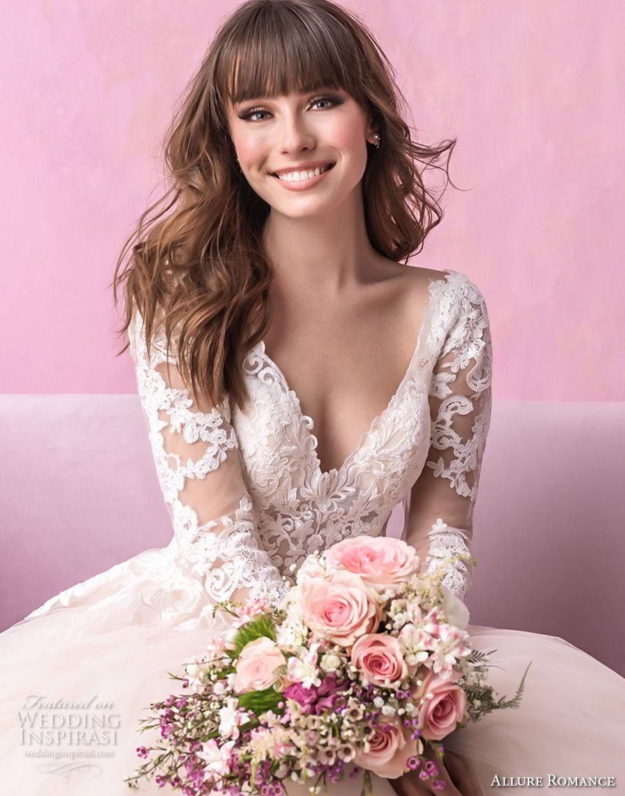 allure romance fall 2018 bridal long sleeves v back heavily embellished bodice romantic blush a  line wedding dress open v back chapel train (5) zv