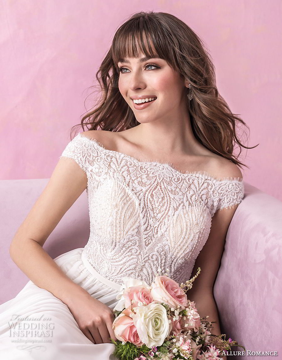 allure romance fall 2018 bridal off the shoulder straight across heavily embellished bodice romantic soft a  line wedding dress full lace back chapel train (2) zv