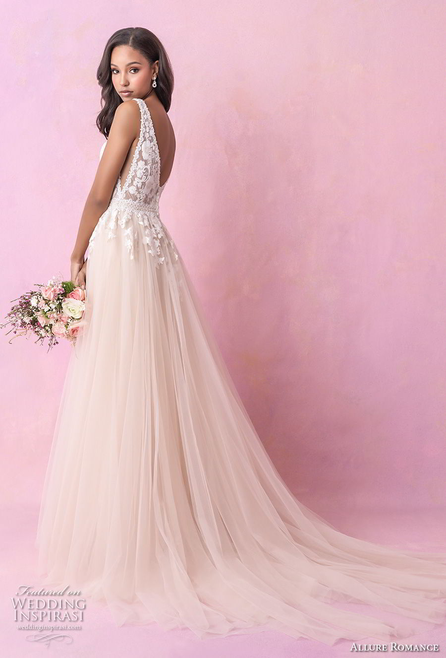 allure romance fall 2018 bridal sleeveless deep v neck heavily embellished bodice romantic blush soft a  line wedding dress open v back chapel train (3) bv