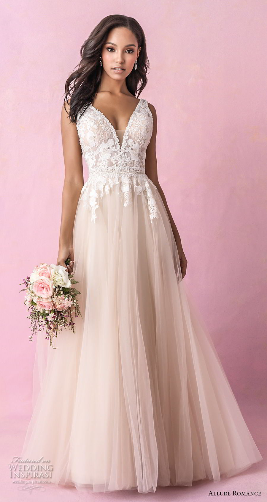 allure romance fall 2018 bridal sleeveless deep v neck heavily embellished bodice romantic blush soft a  line wedding dress open v back chapel train (3) mv