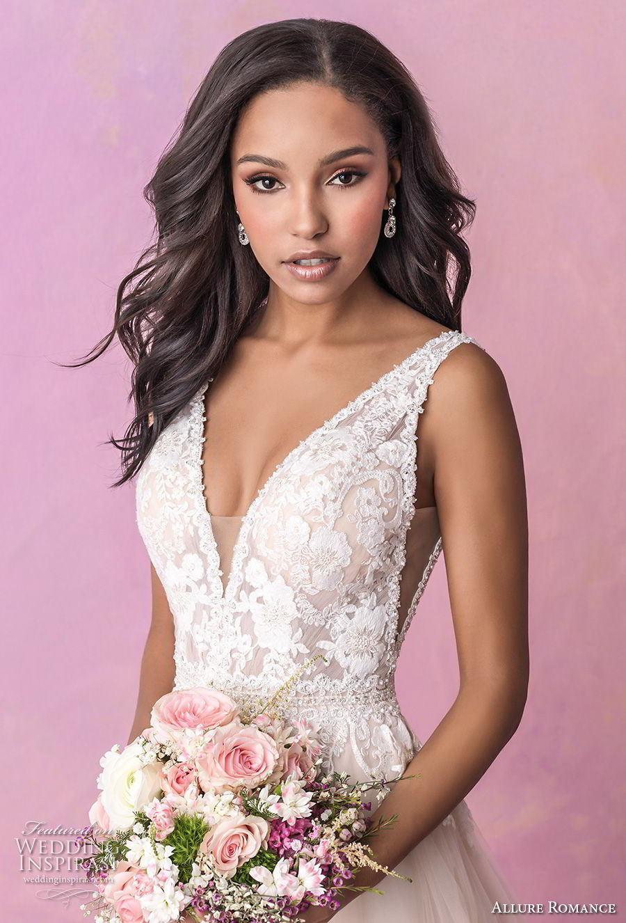 allure romance fall 2018 bridal sleeveless deep v neck heavily embellished bodice romantic blush soft a  line wedding dress open v back chapel train (3) zv