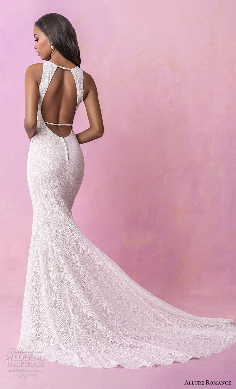 allure romance fall 2018 bridal sleeveless halter jewel neck full embellishment elegant sheath wedding dress low open back sweep train (6) bv