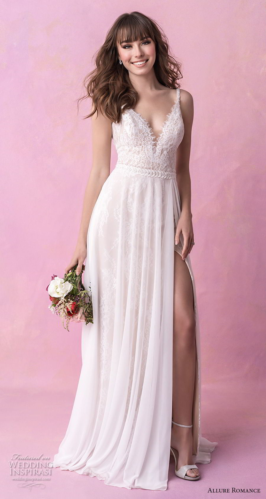 allure romance fall 2018 bridal sleeveless thin strap deep sweetheart neckline heavily embellished bodice slit skirt soft a  line wedding dress open scoop back chapel train (18) mv