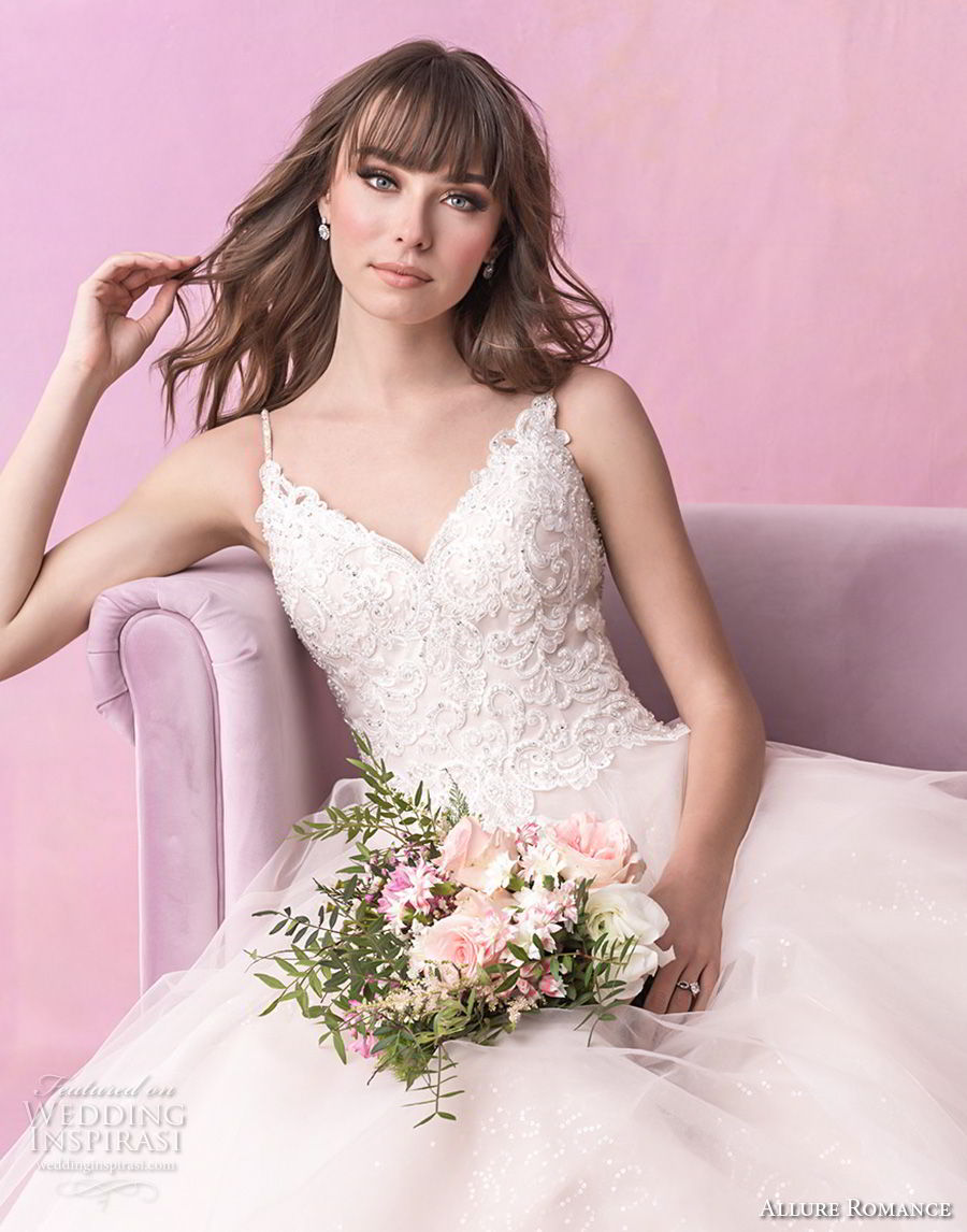 allure romance fall 2018 bridal spaghetti strap sweetheart neckline heavily embellished bodice tulle skirt romantic soft a  line wedding dress open v back chapel train (1) zv