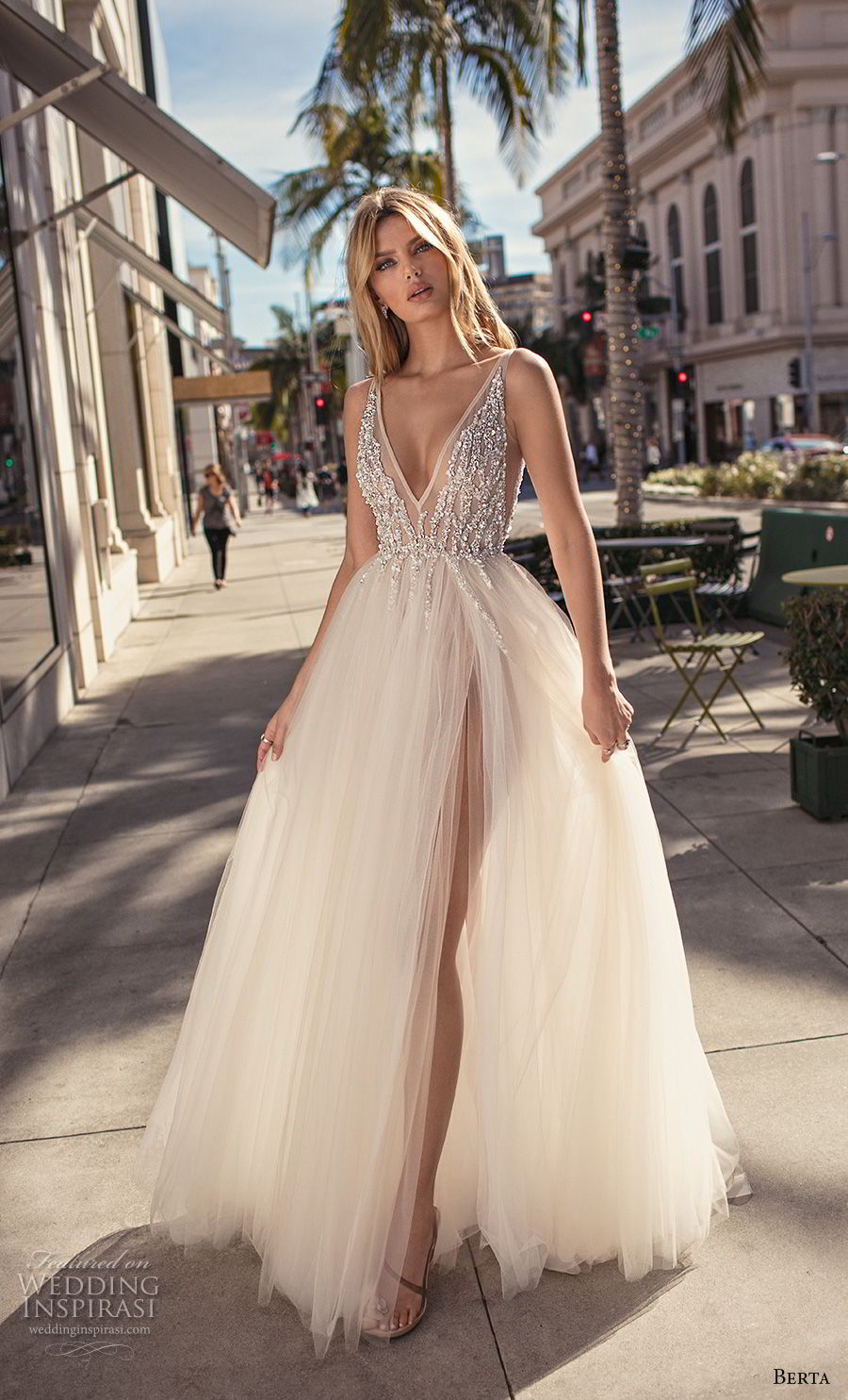 berta 2019 muse bridal sleeveless deep v neck heavily embellished bodice slit skirt glitzy romantic a  line wedding dress v back chapel train (11) mv