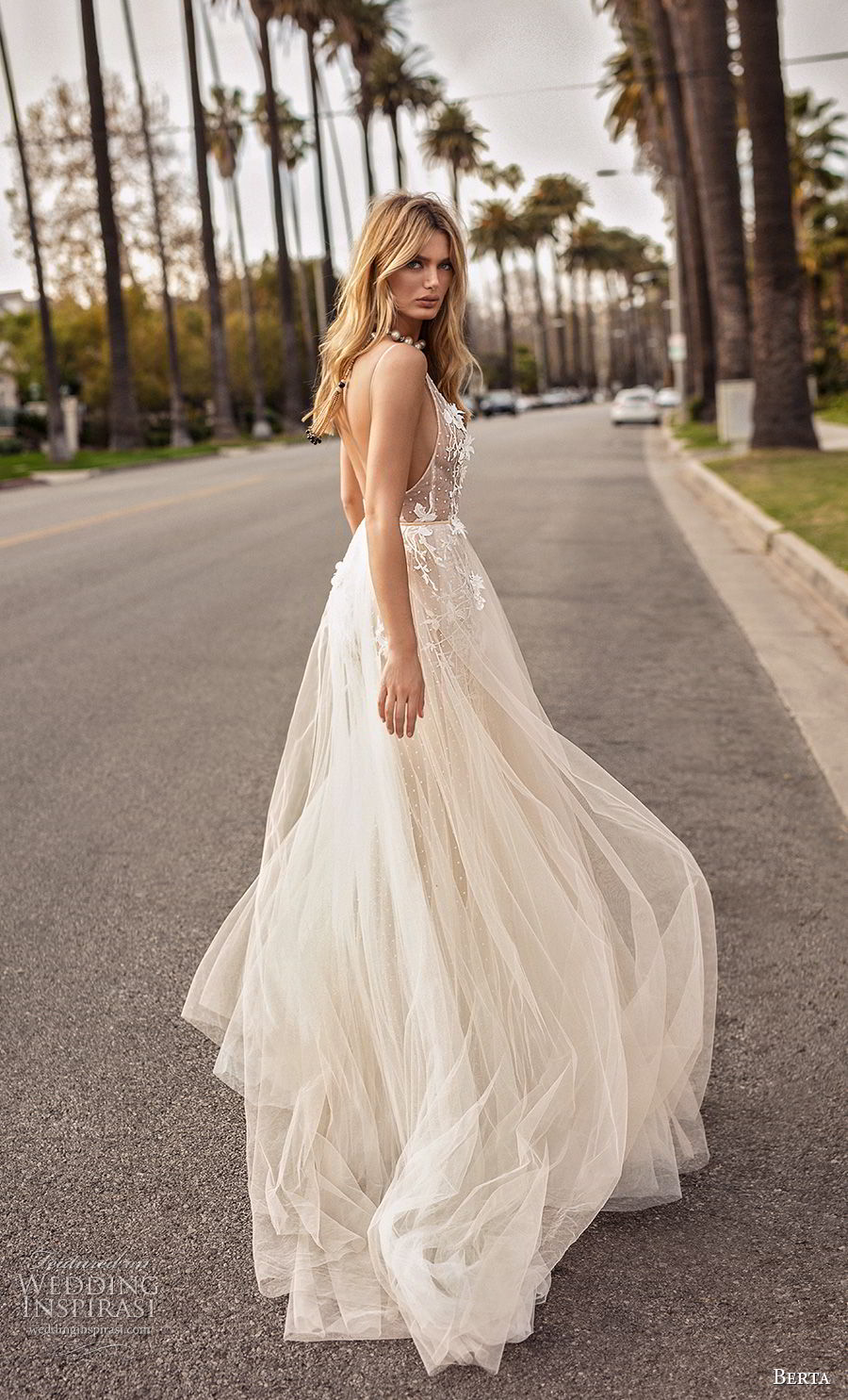 berta 2019 muse bridal sleeveless spaghetti strap deep v neck heavily embellished bodice romantic sheath wedding dress a  line overskirt open back chapel train (12) bv