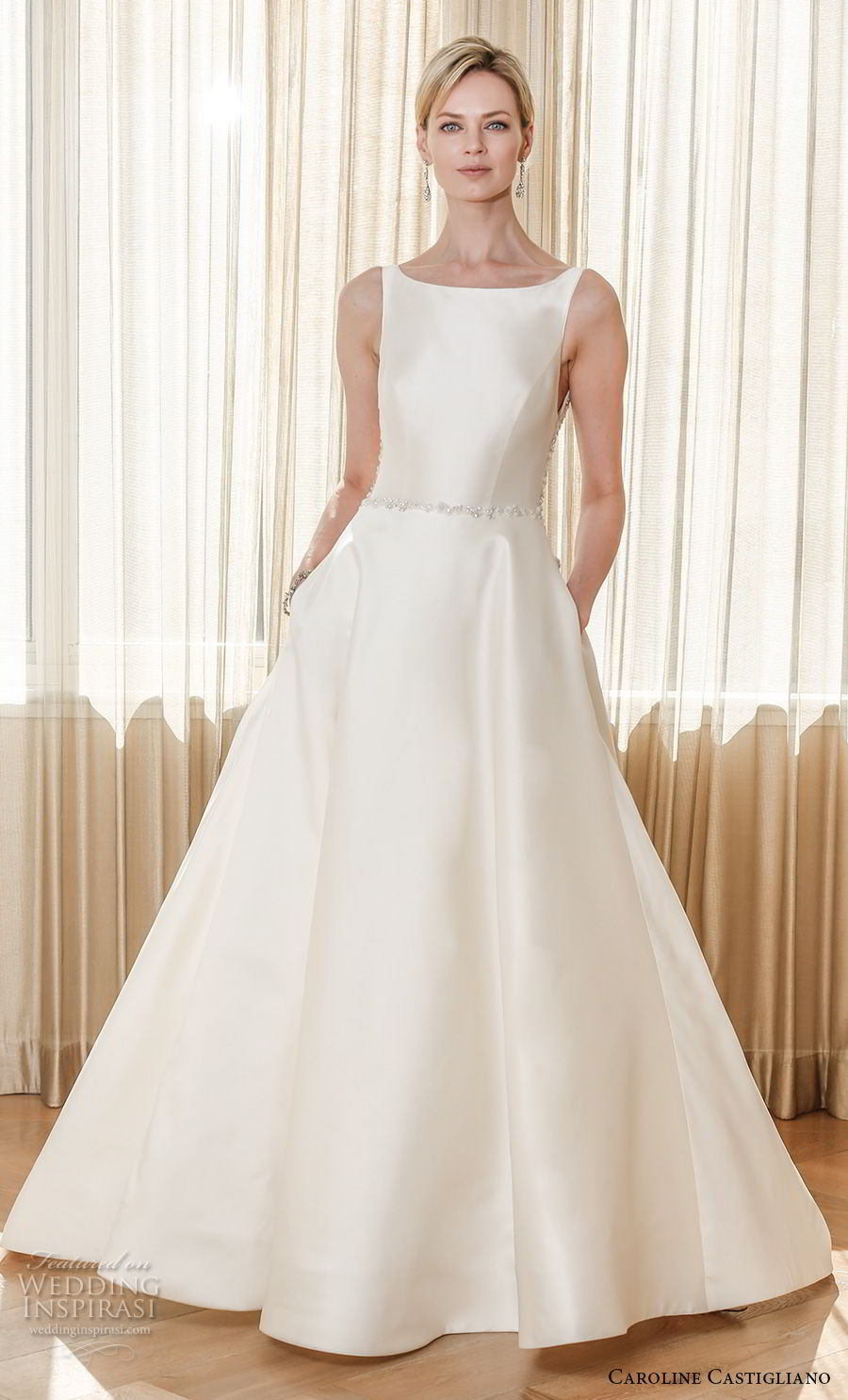 caroline castigliano 2019 bridal sleeveless bateau neck simple minmalist elegant a  line wedding dress with pockets open square back chapel train (7) mv